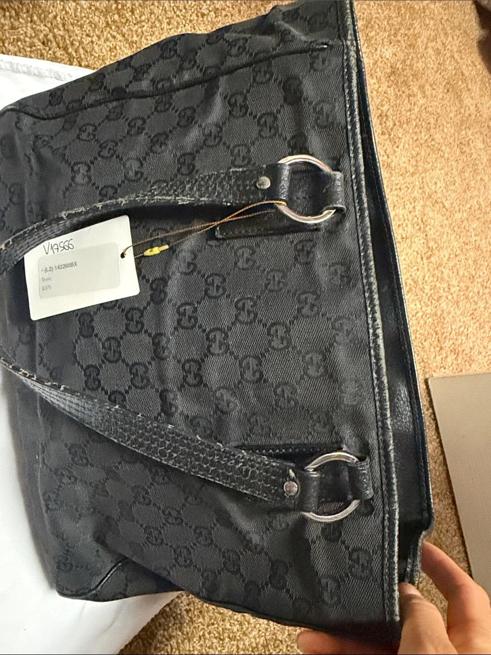 Gucci Black GG Canvas Tote with Leather Trim